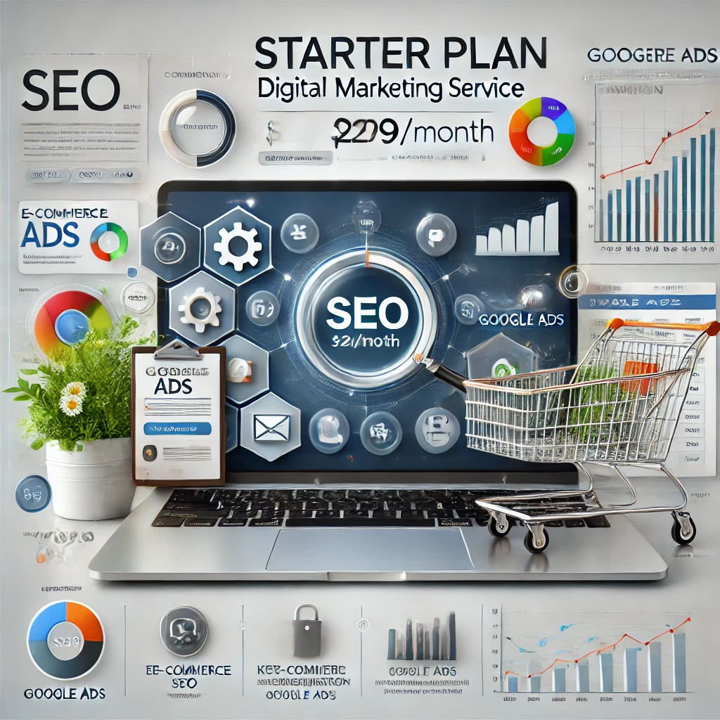 Engaging digital marketing service package for small e-commerce stores, featuring SEO, Google Ads, and reporting.