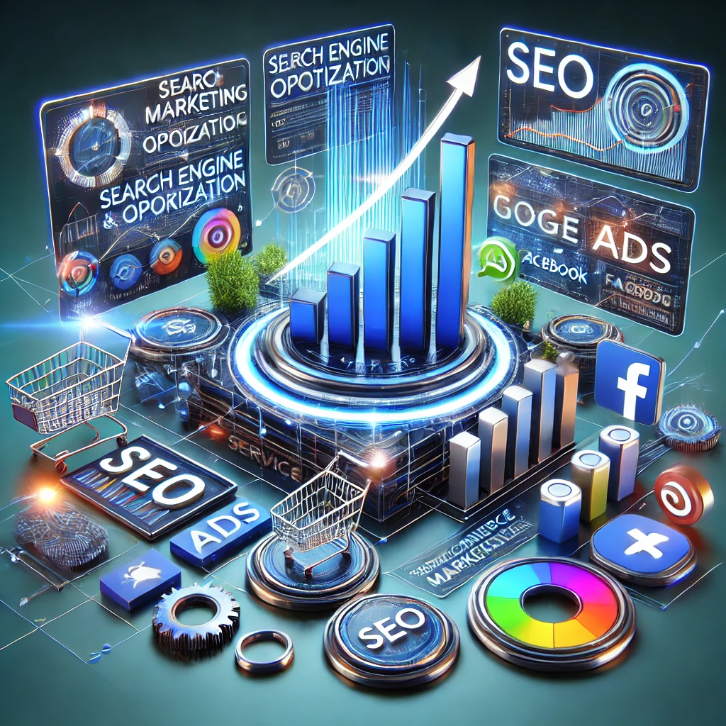 3D-rendered digital marketing service for small e-commerce stores, featuring SEO, Google Ads, and performance tracking.